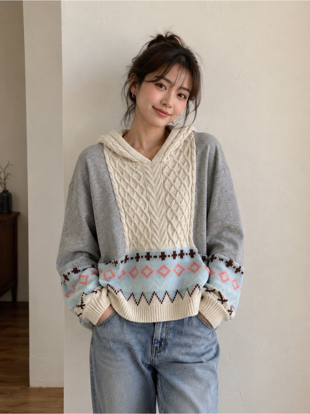 easel Cable-Knit Hooded Sweater in Gray, Cream & Pastel Blue